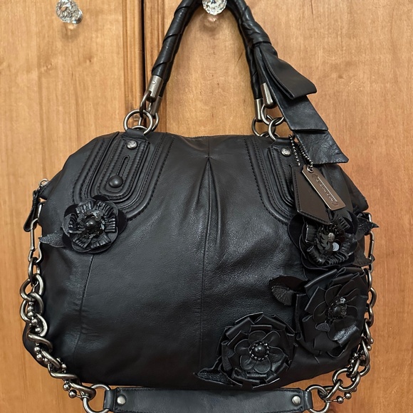 Coach Madison 15918 Black Leather Floral Sequin Embellished Sophia Handbag $798 - Picture 1 of 10
